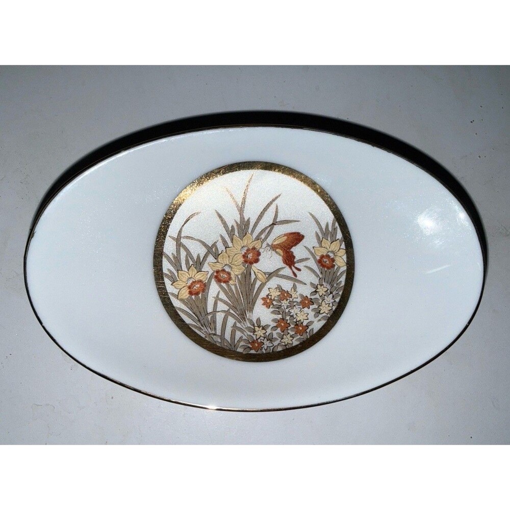 RARE Vintage Art of Chokin Pedestal Compote Dish Japan Gold Trim Floral Oval